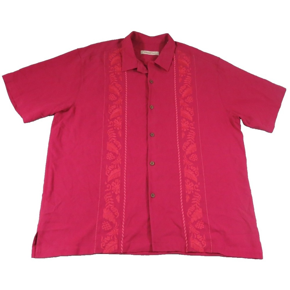 Tommy Bahama Embroidered Panel Silk Camp Shirt Mens XL Pink Herringbone Tropical